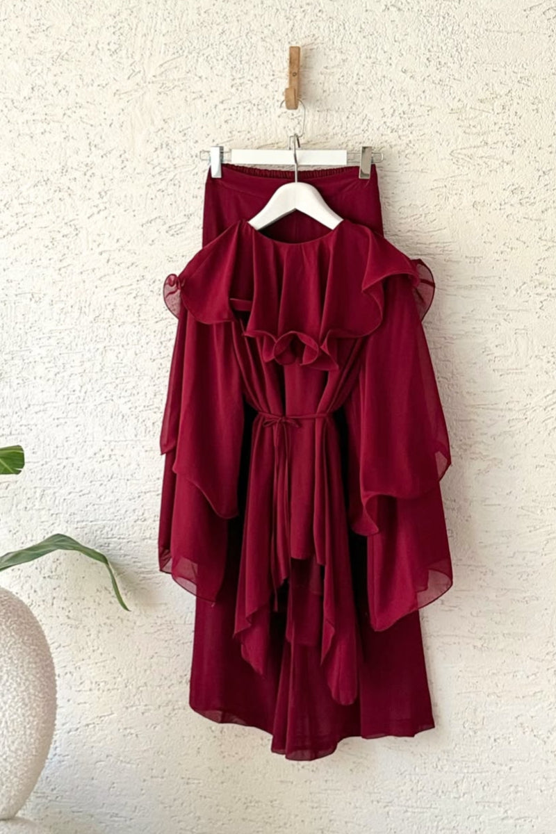 Maroon Chiffon Ruffle Co-Ord Set