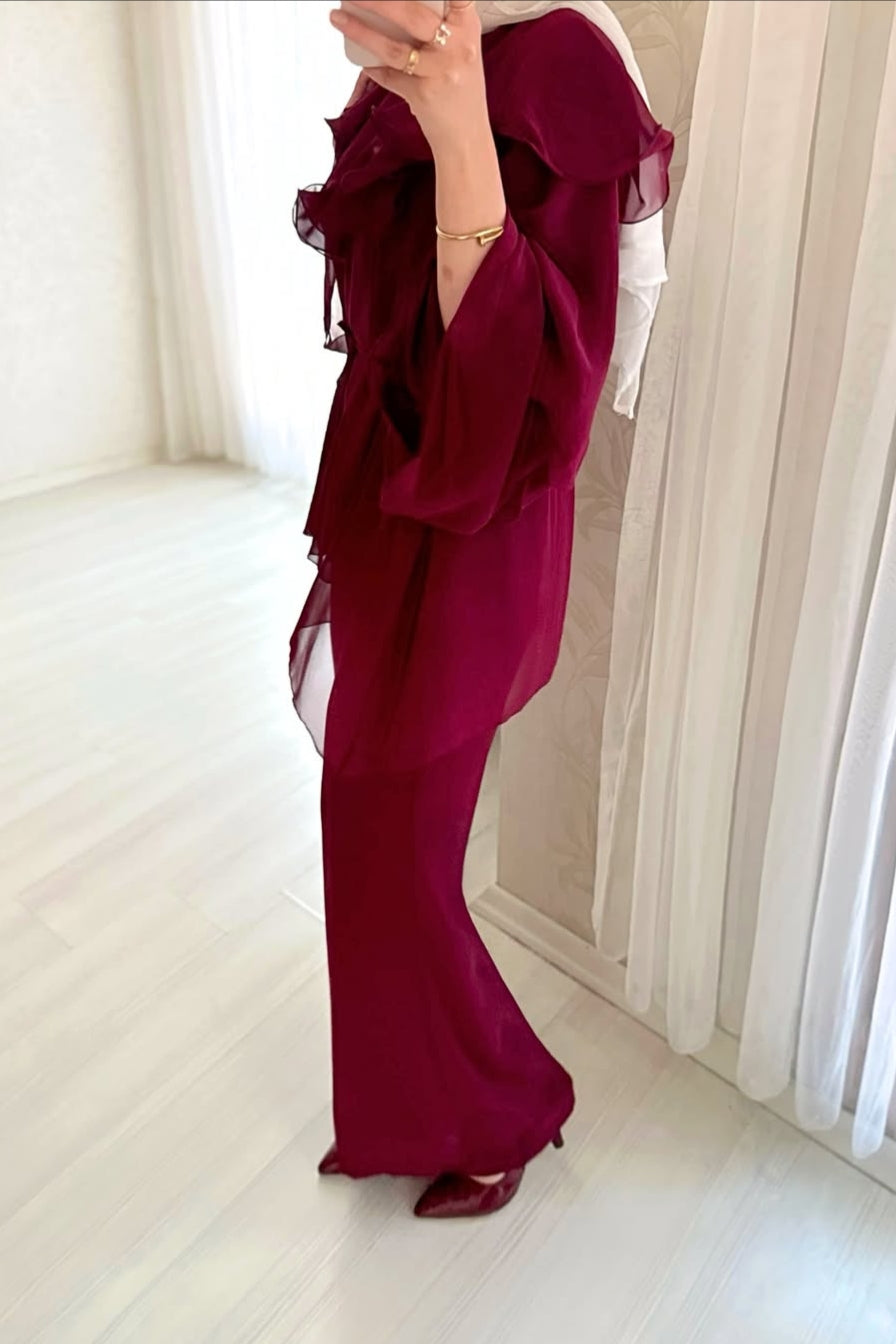 Maroon Chiffon Ruffle Co-Ord Set
