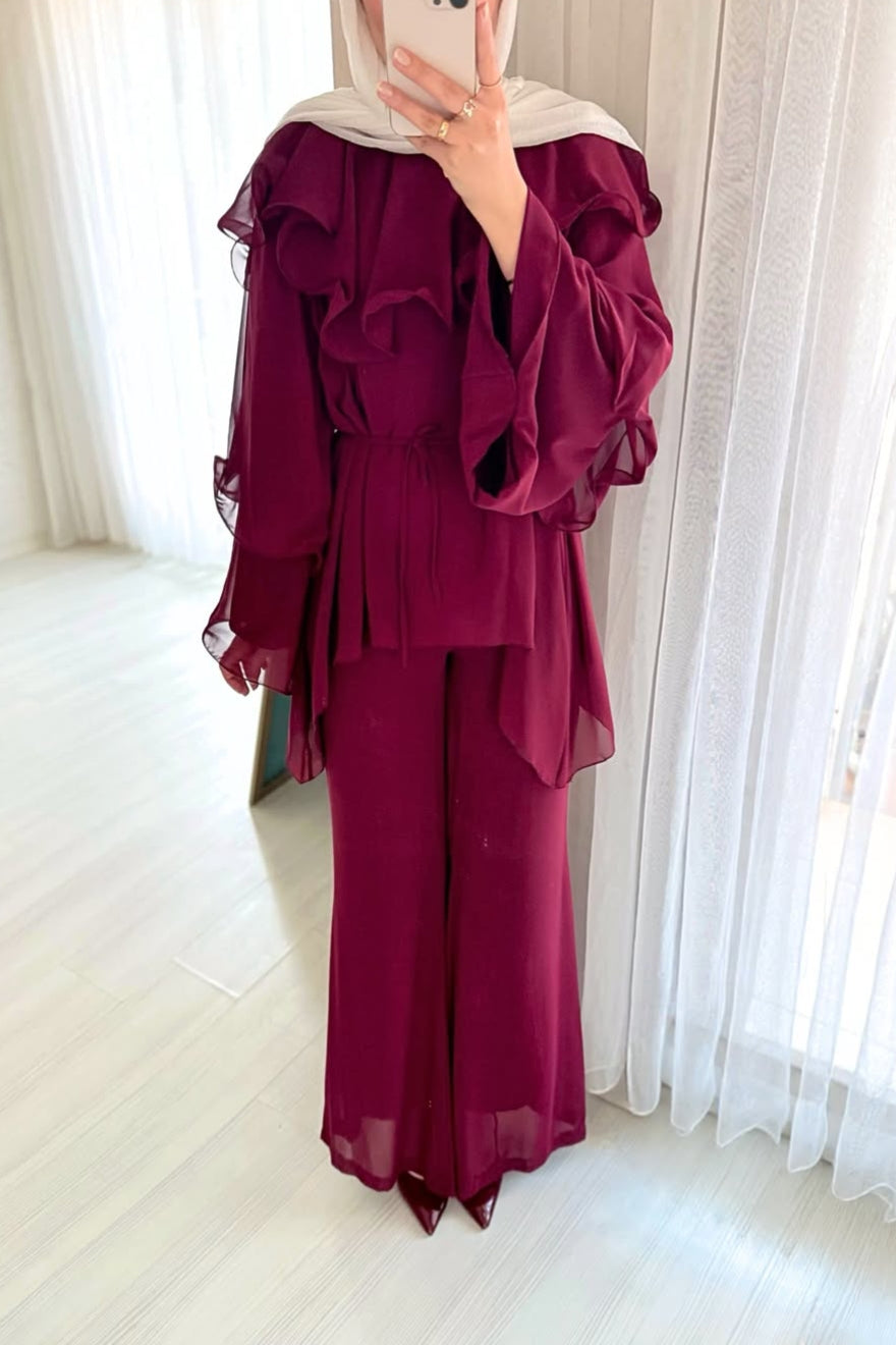 Maroon Chiffon Ruffle Co-Ord Set