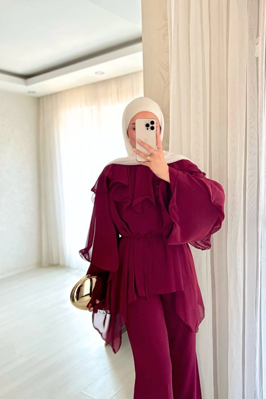 Maroon Chiffon Ruffle Co-Ord Set