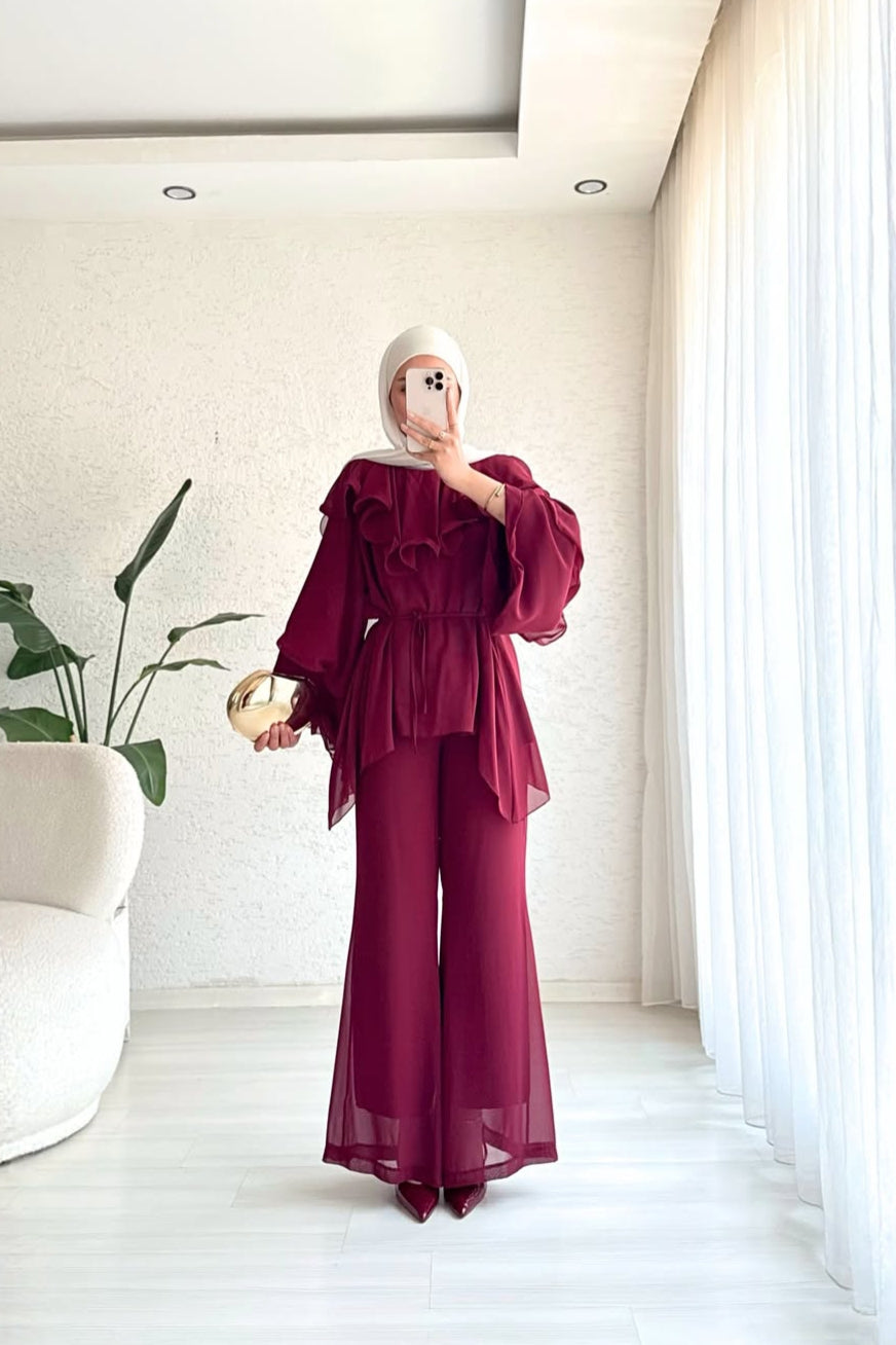 Maroon Chiffon Ruffle Co-Ord Set