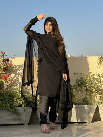 Black Plain 3pcs Dress
