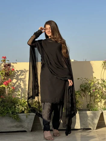 Black Plain 3pcs Dress