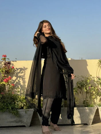Black Plain 3pcs Dress